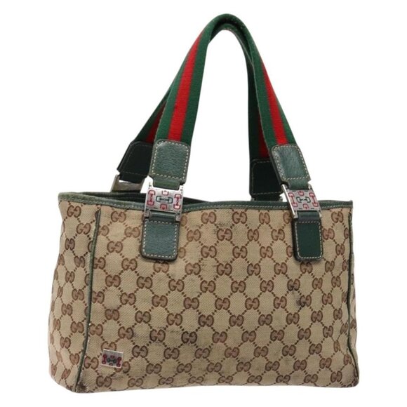GUCCI GG Canvas Web Sherry Line Tote Bag Beige Green Red Auth - Picture 1 of 16